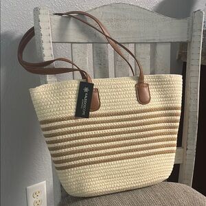 Cream and Brown Striped Tote Bag with Leather Handles